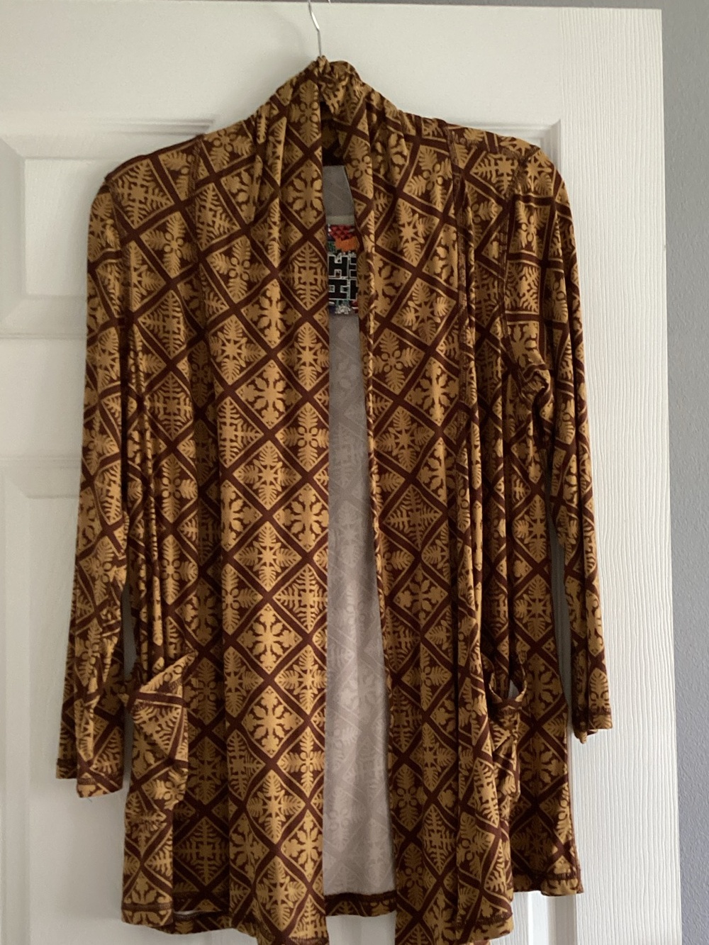 Women's Brown Geometric Open-Front Cardigan Sweater from Hawaii’s Finest